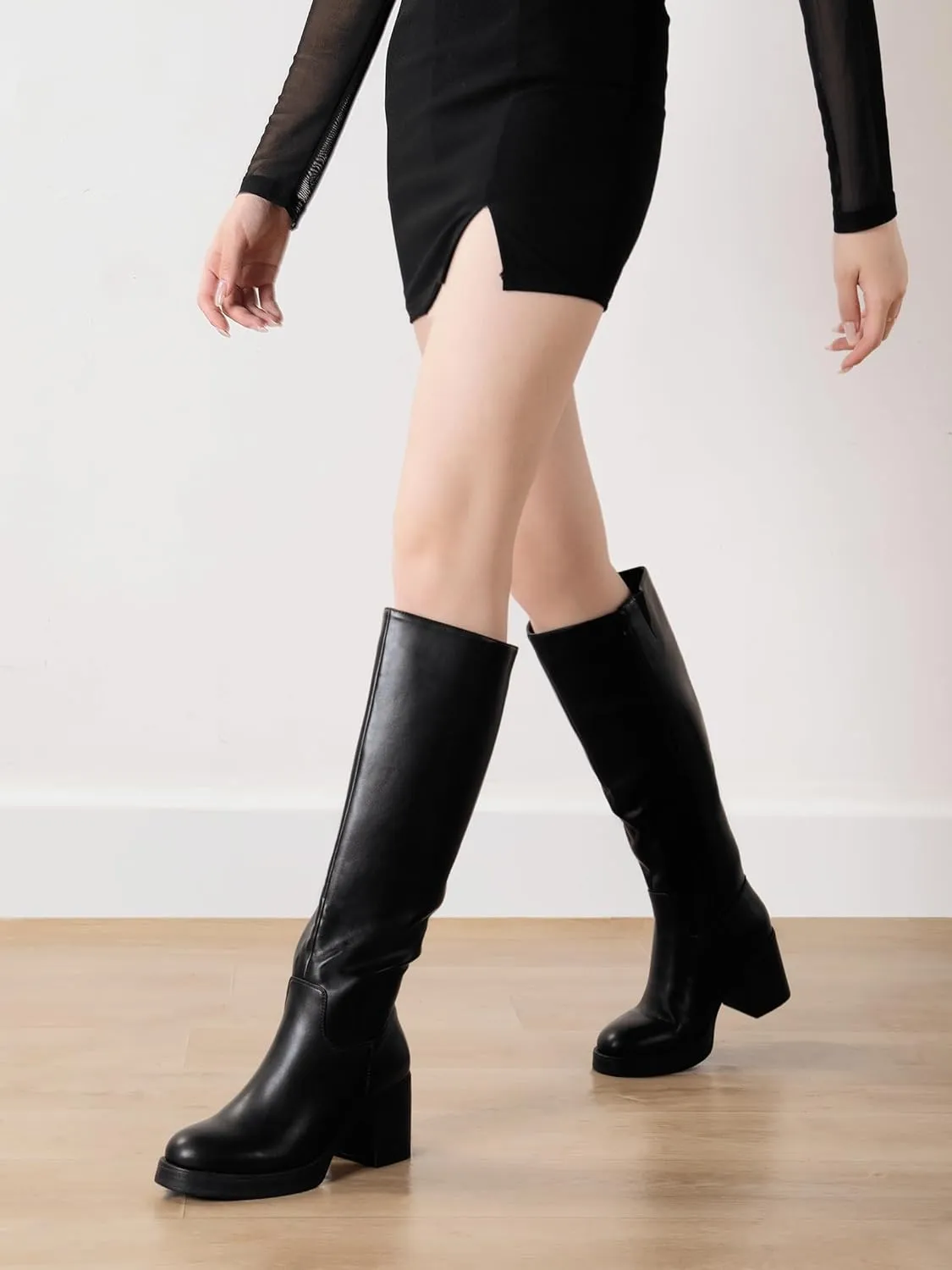 Shoe'N Tale Platform Knee High Boots for Women Block Chunky Heel Round Toe Side Zipper Tall Boots