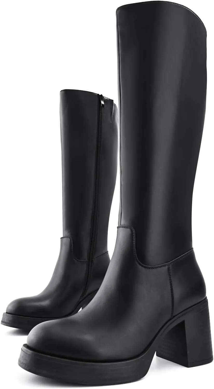 Shoe'N Tale Platform Knee High Boots for Women Block Chunky Heel Round Toe Side Zipper Tall Boots