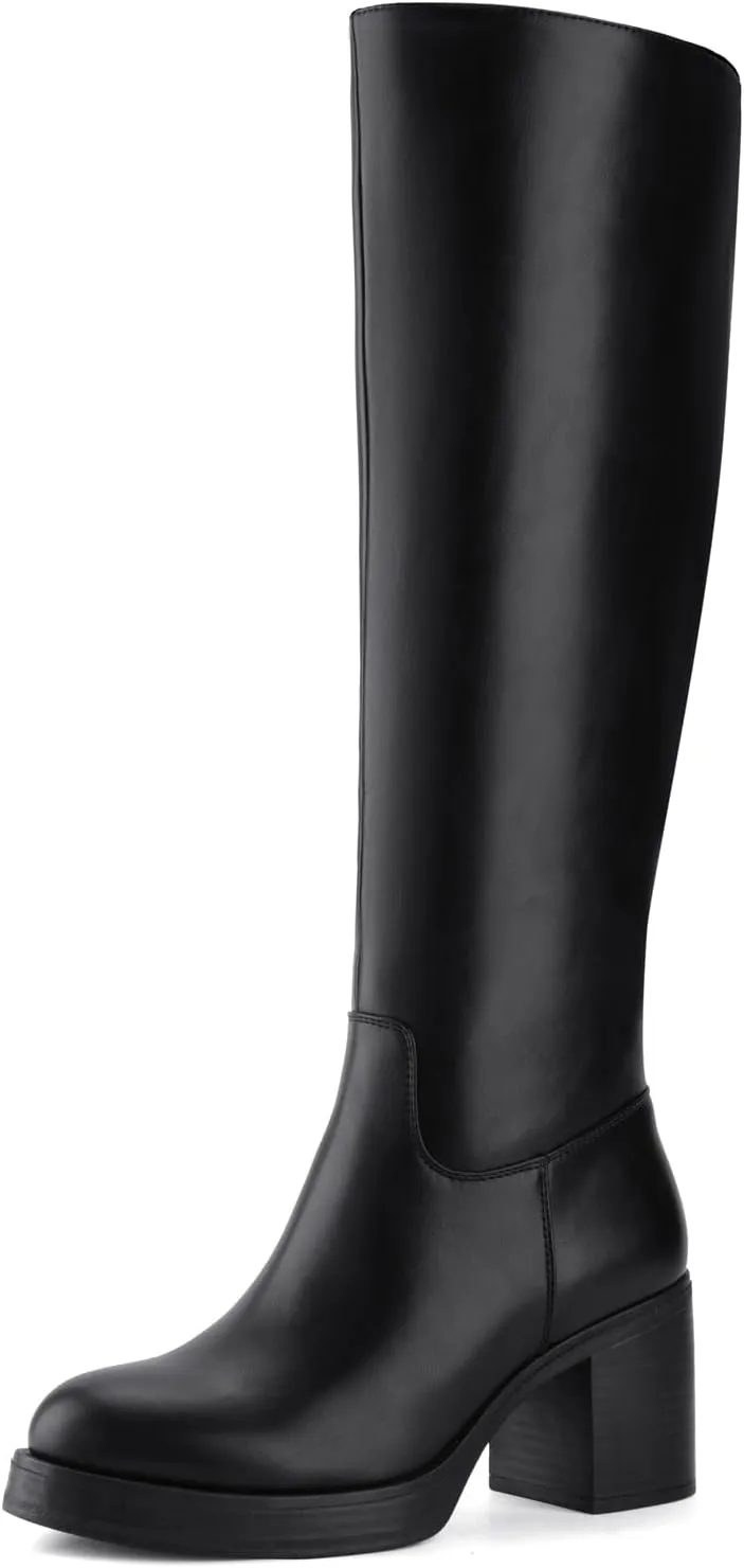 Shoe'N Tale Platform Knee High Boots for Women Block Chunky Heel Round Toe Side Zipper Tall Boots