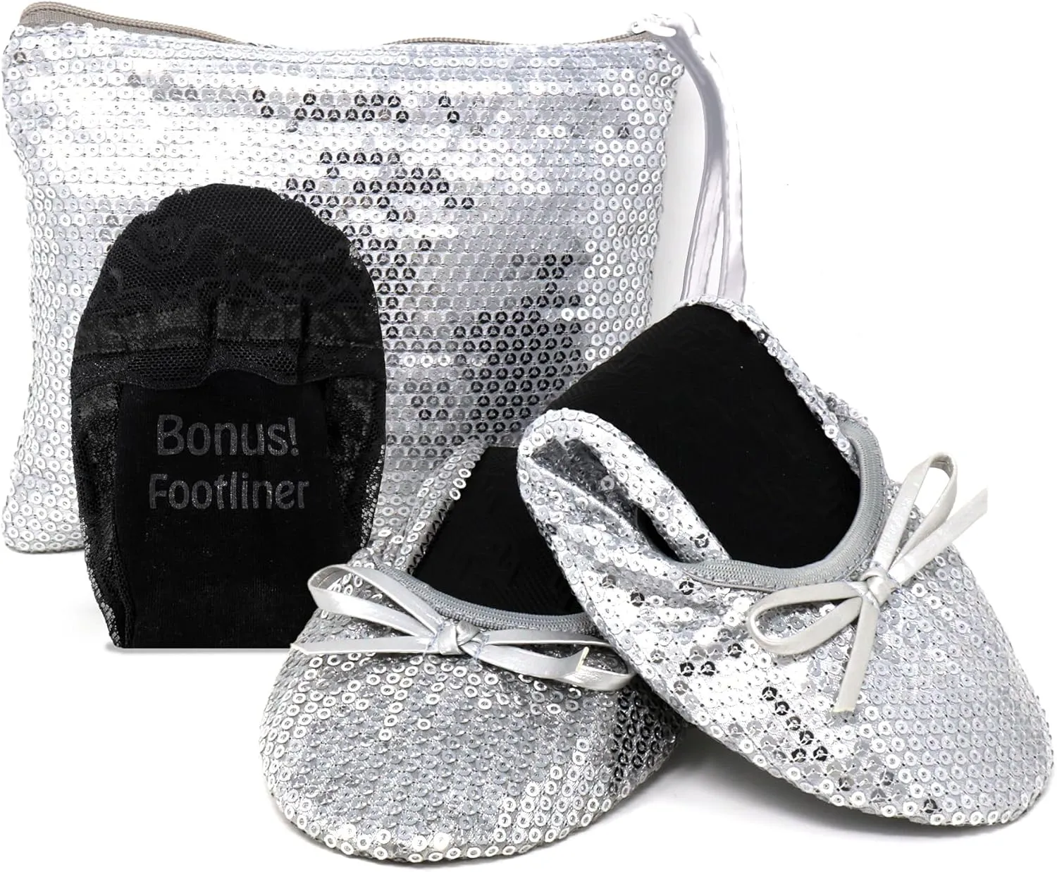 Silky Toes Women's Foldable Sequin Shoes Dressy Ballet Flats Roll Up Slipper Shoe with Matching Carrying Pouch