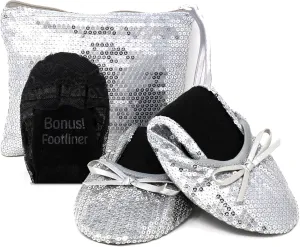 Silky Toes Women's Foldable Sequin Shoes Dressy Ballet Flats Roll Up Slipper Shoe with Matching Carrying Pouch
