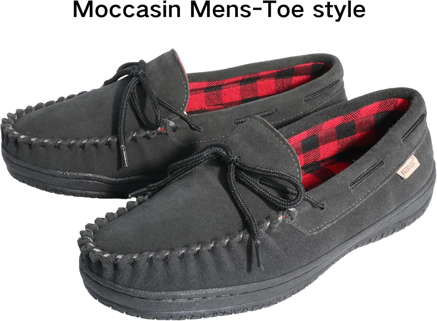 Slippers for Men’s House Shoes Moccasin with Genuine suede Upper Flanel Lining Comfortable Memory Foam Rubber Soles Indoor Outdoor