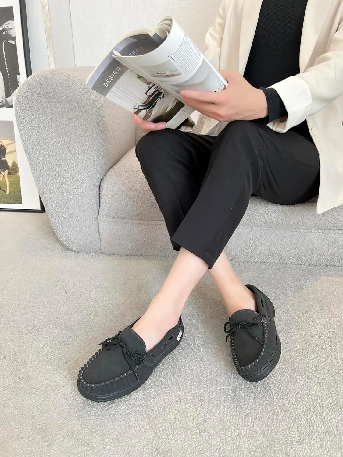 Slippers for Men’s House Shoes Moccasin with Genuine suede Upper Flanel Lining Comfortable Memory Foam Rubber Soles Indoor Outdoor