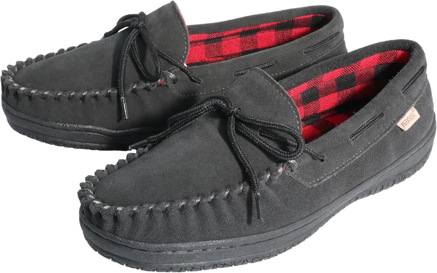 Slippers for Men’s House Shoes Moccasin with Genuine suede Upper Flanel Lining Comfortable Memory Foam Rubber Soles Indoor Outdoor