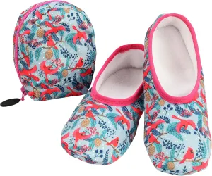 Snoozies Skinnies Packable and Foldable Travel Slippers for Women with Zipper Pouch, Soft Sherpa-Lined Slipper Socks Non-Skid
