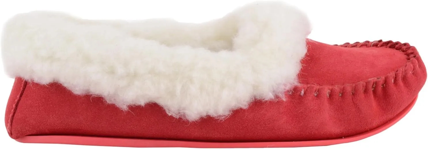 SNUGRUGS Womens Luxury Lambswool Suede Moccasin Slipper with Wool Cuff & Rubber Sole