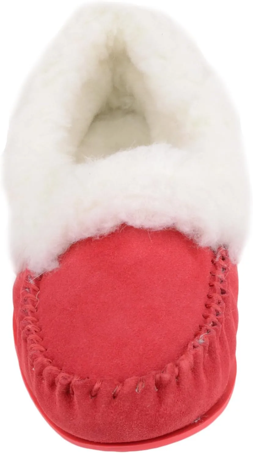 SNUGRUGS Womens Luxury Lambswool Suede Moccasin Slipper with Wool Cuff & Rubber Sole