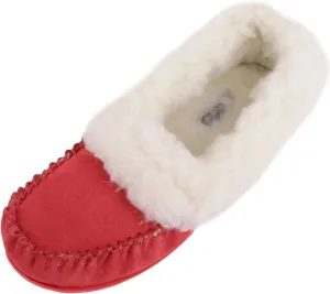 SNUGRUGS Womens Luxury Lambswool Suede Moccasin Slipper with Wool Cuff & Rubber Sole