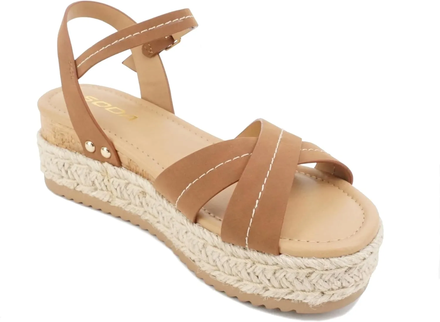 Soda “Abound” ~ Women Round Open Toe Crisscross Band Sandal with Adjustable Ankle Strap