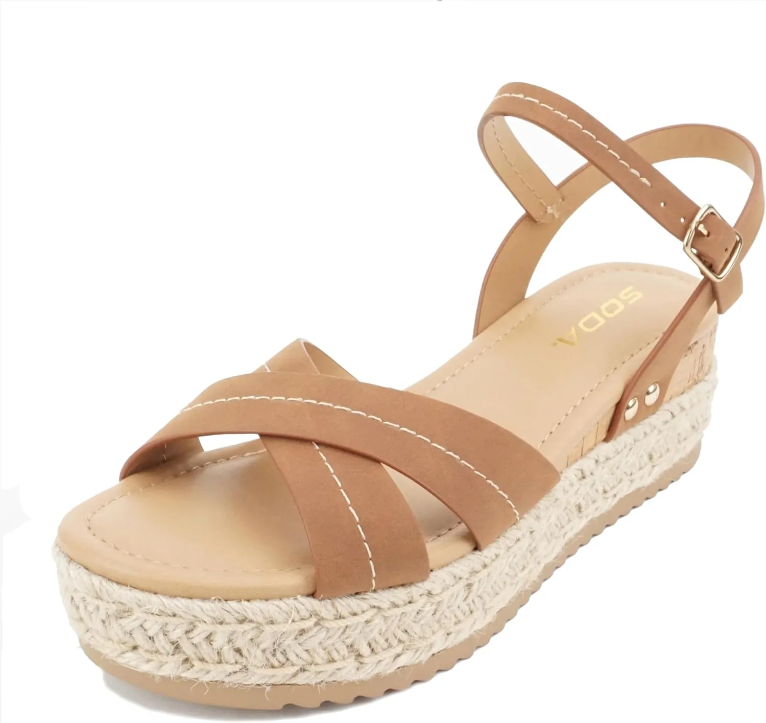 Soda “Abound” ~ Women Round Open Toe Crisscross Band Sandal with Adjustable Ankle Strap