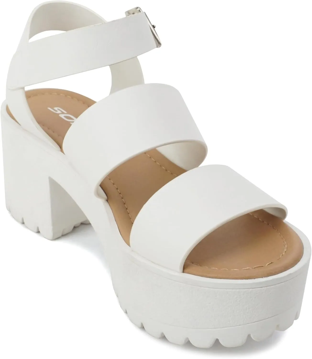 Soda ACCOUNT ~ Women Open Toe Two Bands Lug sole Fashion Block Heel Sandals with Adjustable Ankle Strap