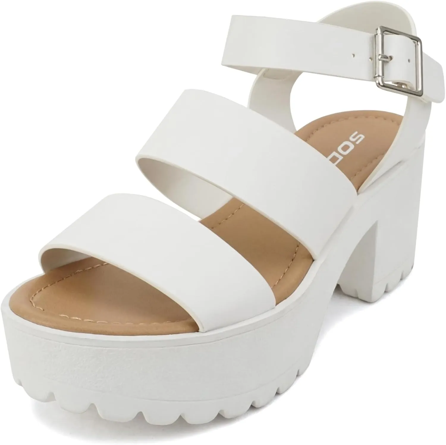 Soda ACCOUNT ~ Women Open Toe Two Bands Lug sole Fashion Block Heel Sandals with Adjustable Ankle Strap