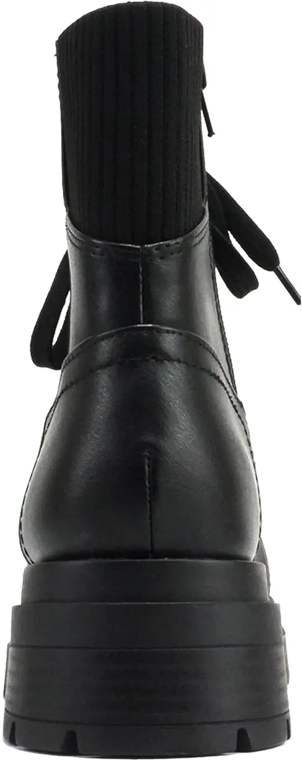 Soda “AMINA” ~ Women Round Toe Lace-Up Platform Lug Sole Low Heel Combat Ankle Boot with Sweater Top Shaft Side Zipper