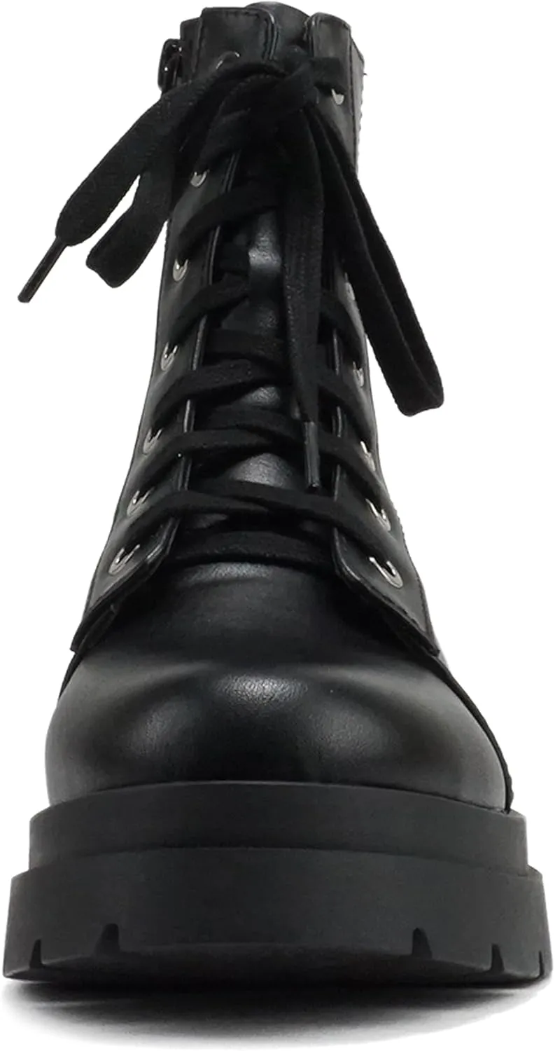 Soda “AMINA” ~ Women Round Toe Lace-Up Platform Lug Sole Low Heel Combat Ankle Boot with Sweater Top Shaft Side Zipper
