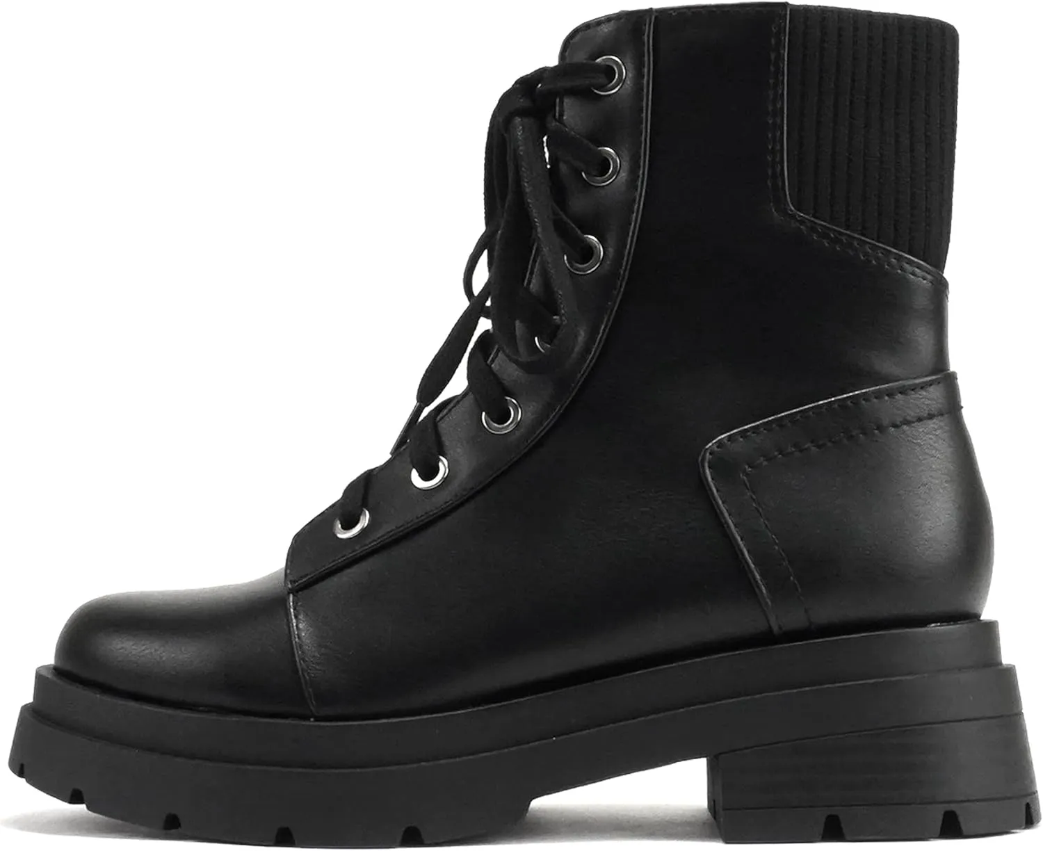 Soda “AMINA” ~ Women Round Toe Lace-Up Platform Lug Sole Low Heel Combat Ankle Boot with Sweater Top Shaft Side Zipper