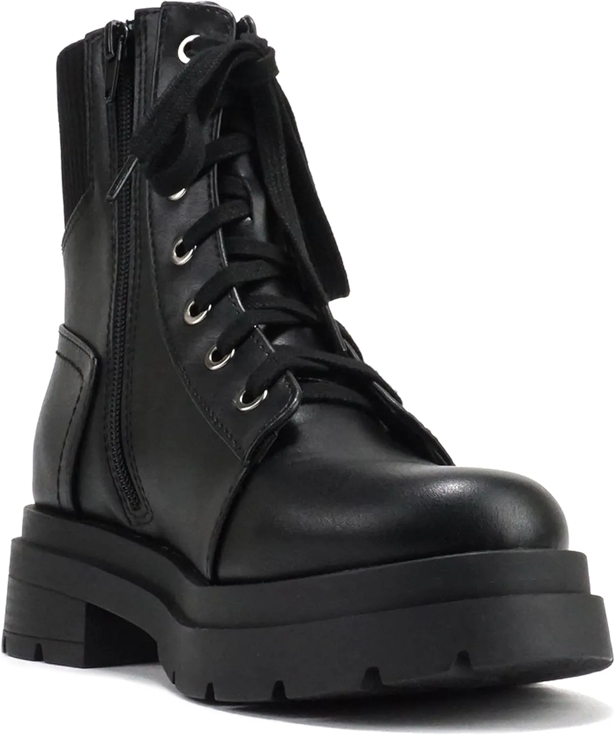 Soda “AMINA” ~ Women Round Toe Lace-Up Platform Lug Sole Low Heel Combat Ankle Boot with Sweater Top Shaft Side Zipper