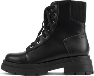 Soda “AMINA” ~ Women Round Toe Lace-Up Platform Lug Sole Low Heel Combat Ankle Boot with Sweater Top Shaft Side Zipper