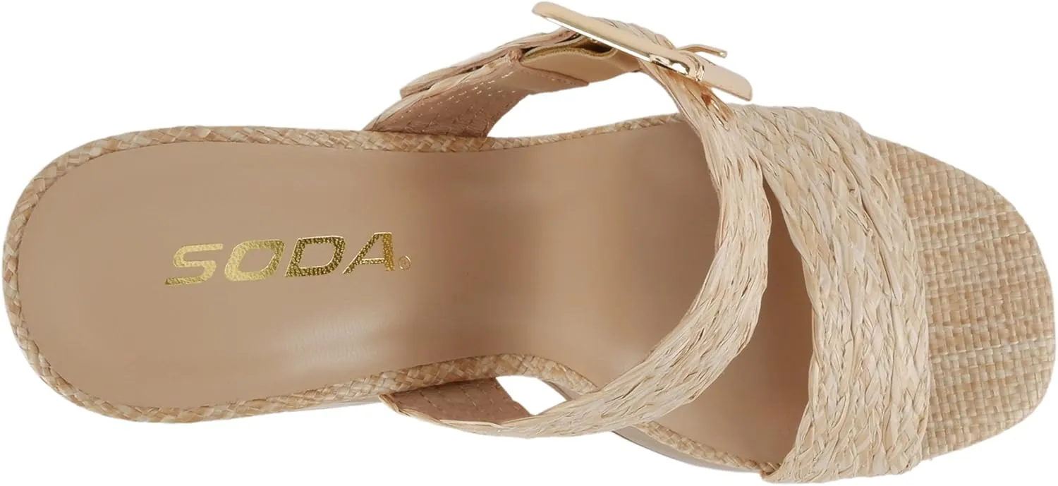 Soda “Charlie” ~ Women Open Square Toe Two Band Slip-On High Heel Sandal with Adjustable Buckle Strap