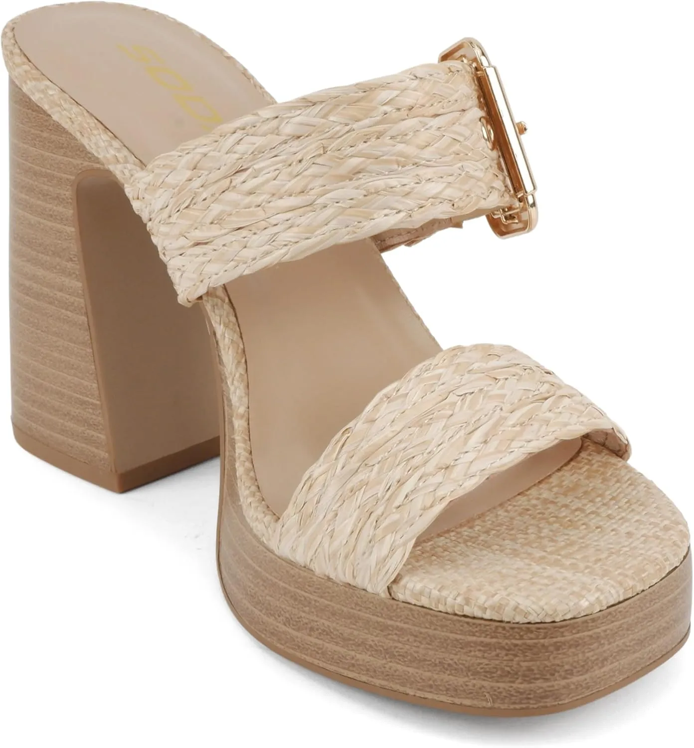 Soda “Charlie” ~ Women Open Square Toe Two Band Slip-On High Heel Sandal with Adjustable Buckle Strap