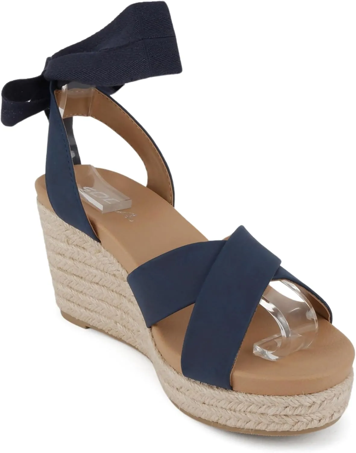 Soda “Donnie” ~ Women Open Round Toe Crisscross Band Low Heel Espadrille Wedge Sandal with Adjustable Ankle Strap