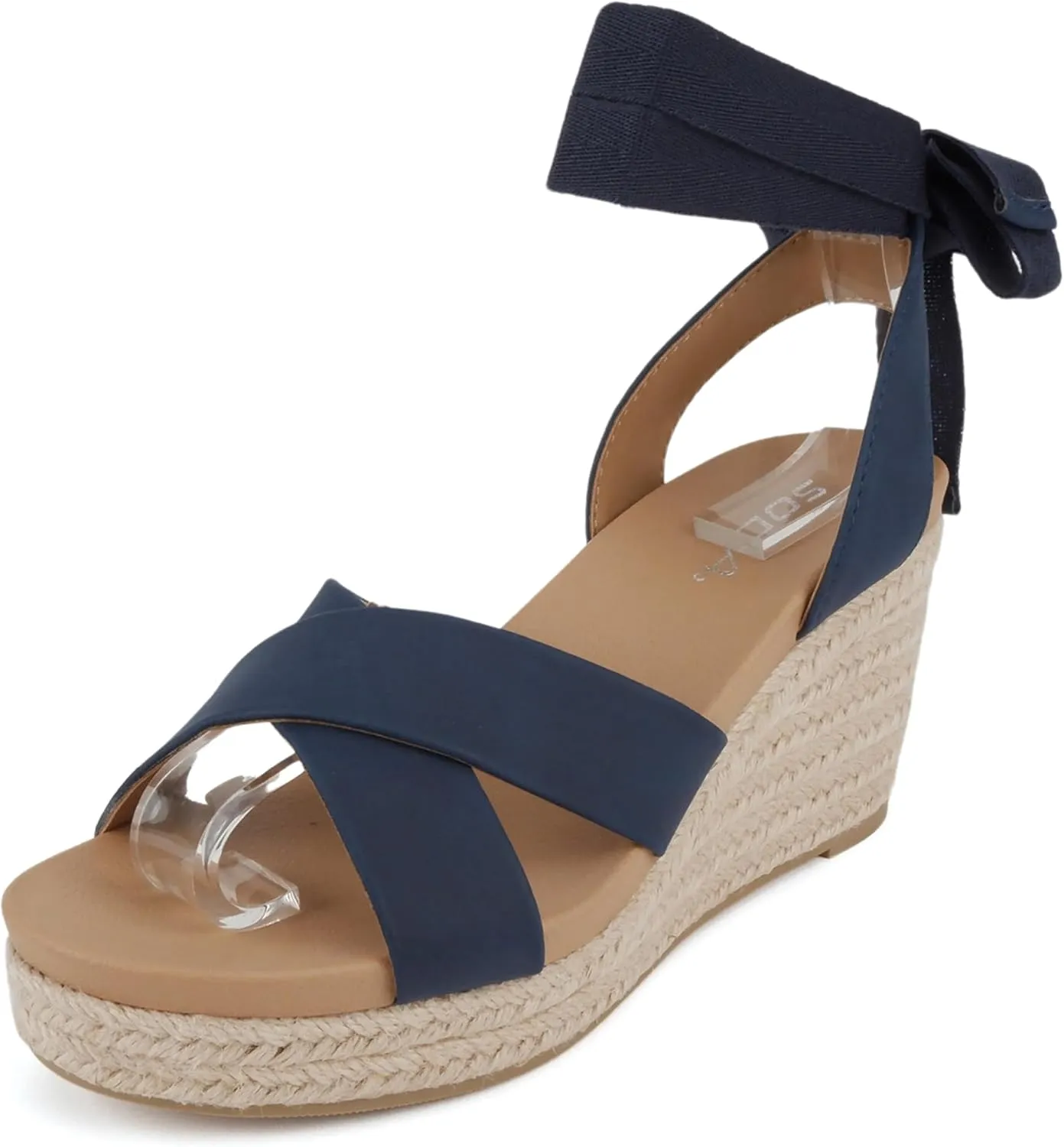 Soda “Donnie” ~ Women Open Round Toe Crisscross Band Low Heel Espadrille Wedge Sandal with Adjustable Ankle Strap