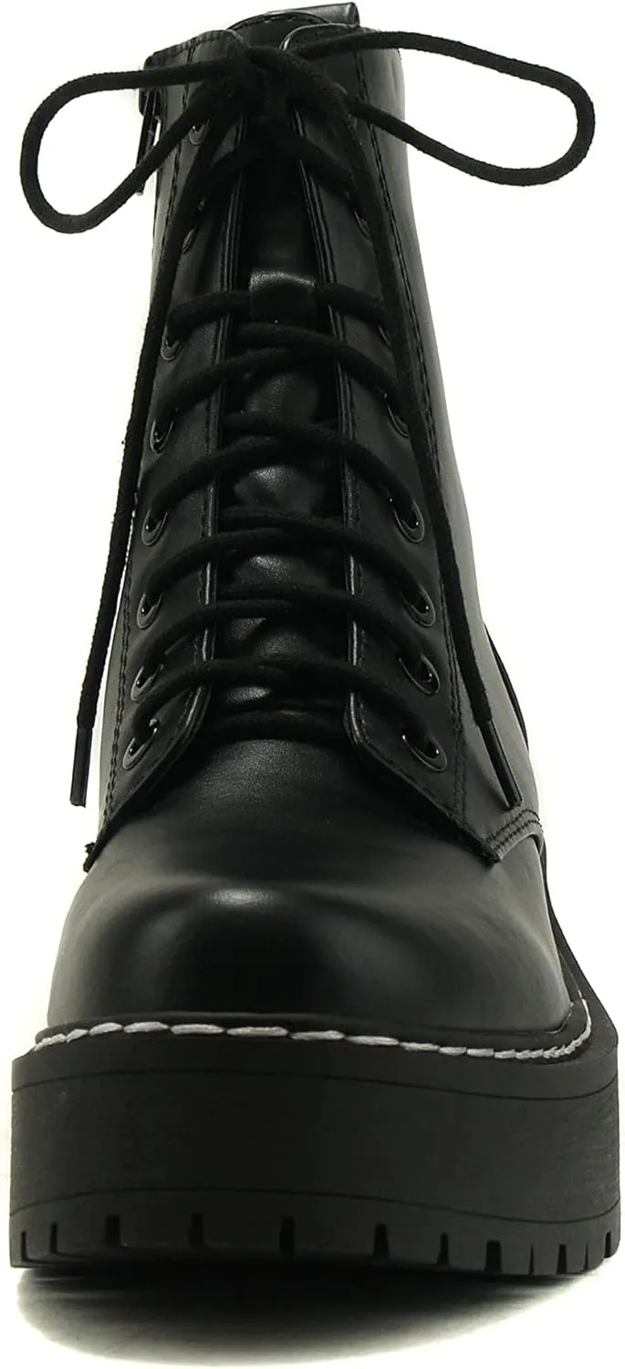 Soda FLING Women Chunky Lug Sole Lace up Fashion Combat Ankle Boot w/Side Zipper