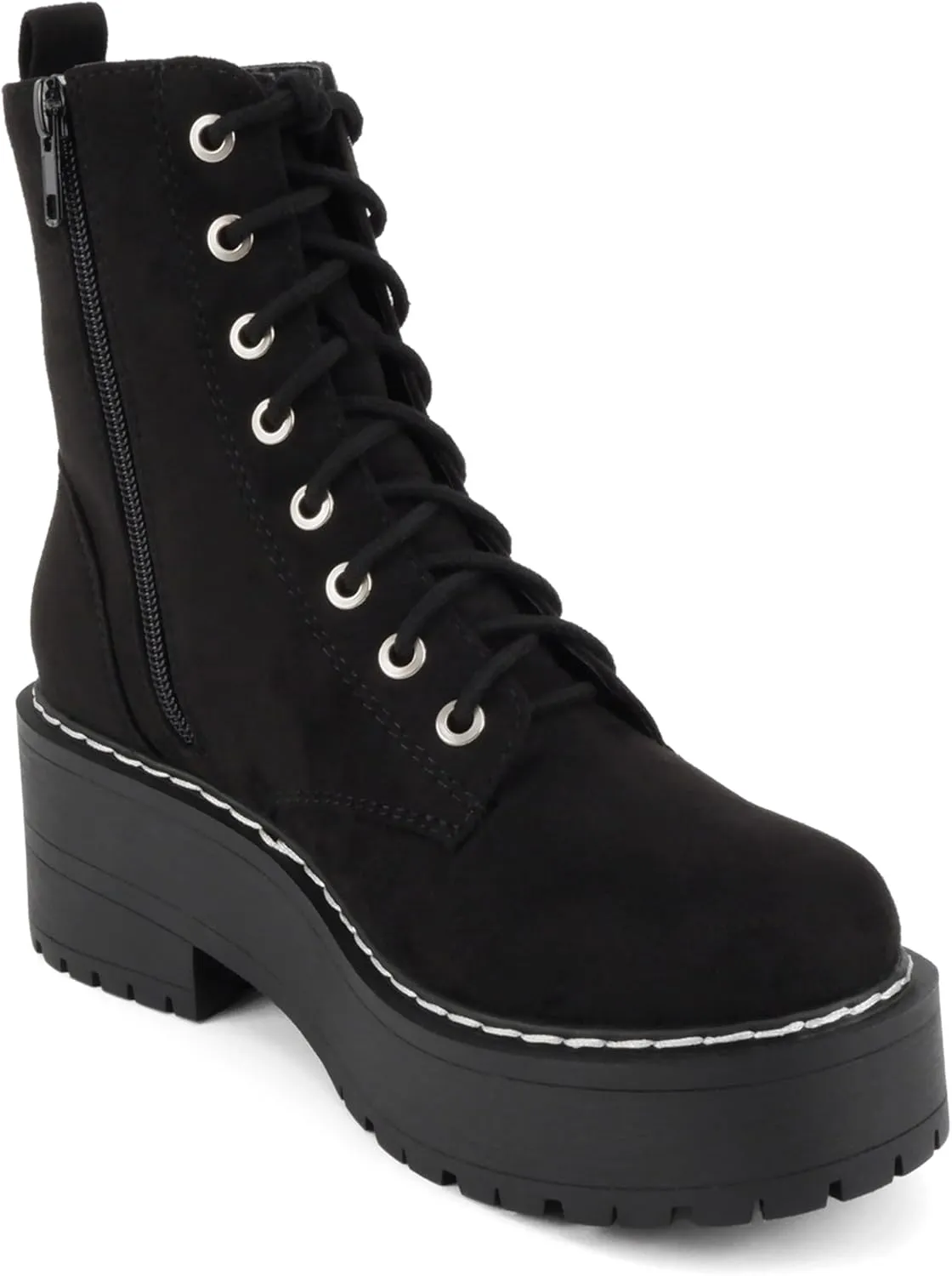 Soda FLING Women Chunky Lug Sole Lace up Fashion Combat Ankle Boot w/Side Zipper