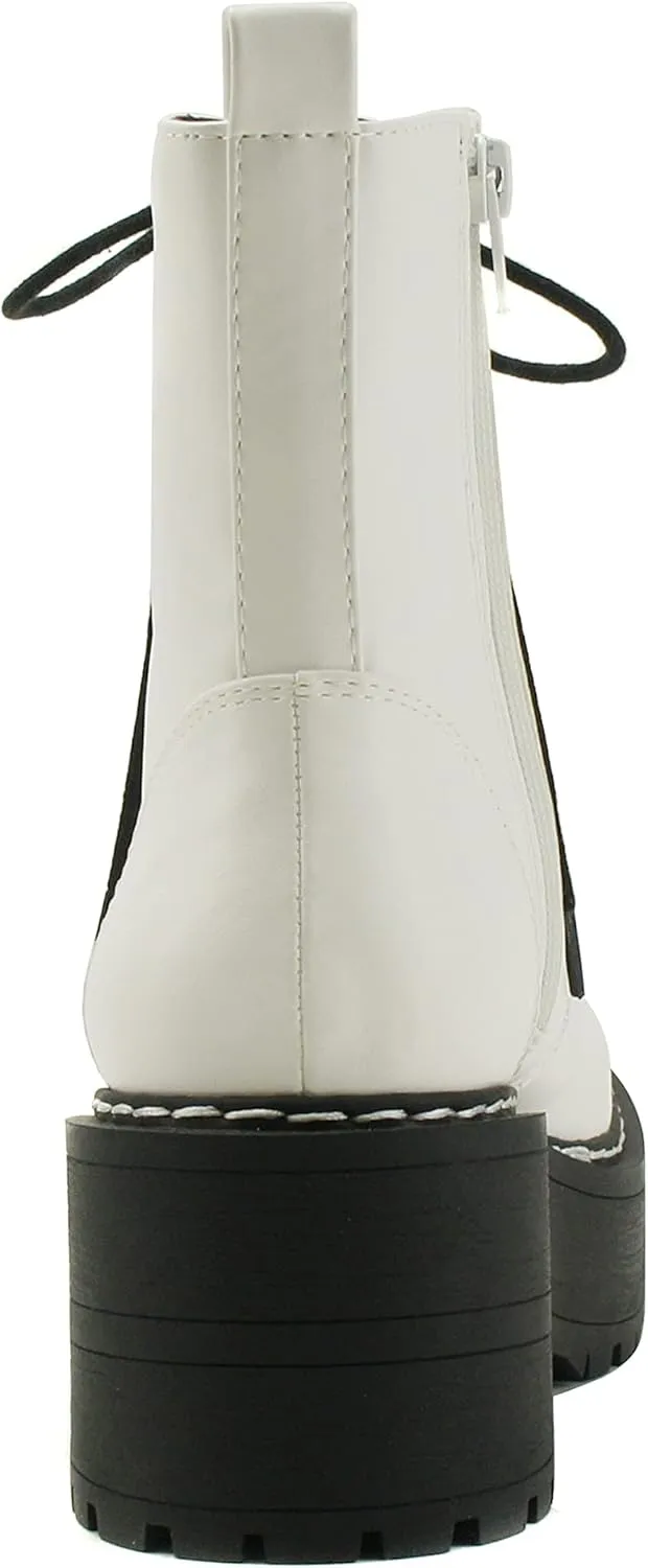 Soda FLING Women Chunky Lug Sole Lace up Fashion Combat Ankle Boot w/Side Zipper