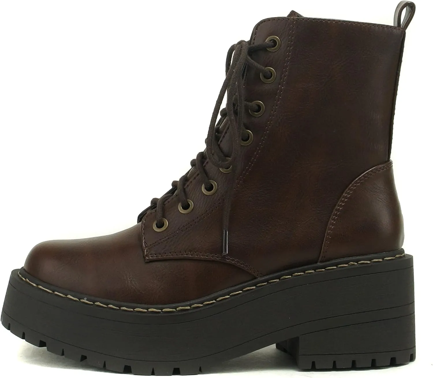 Soda FLING Women Chunky Lug Sole Lace up Fashion Combat Ankle Boot w/Side Zipper