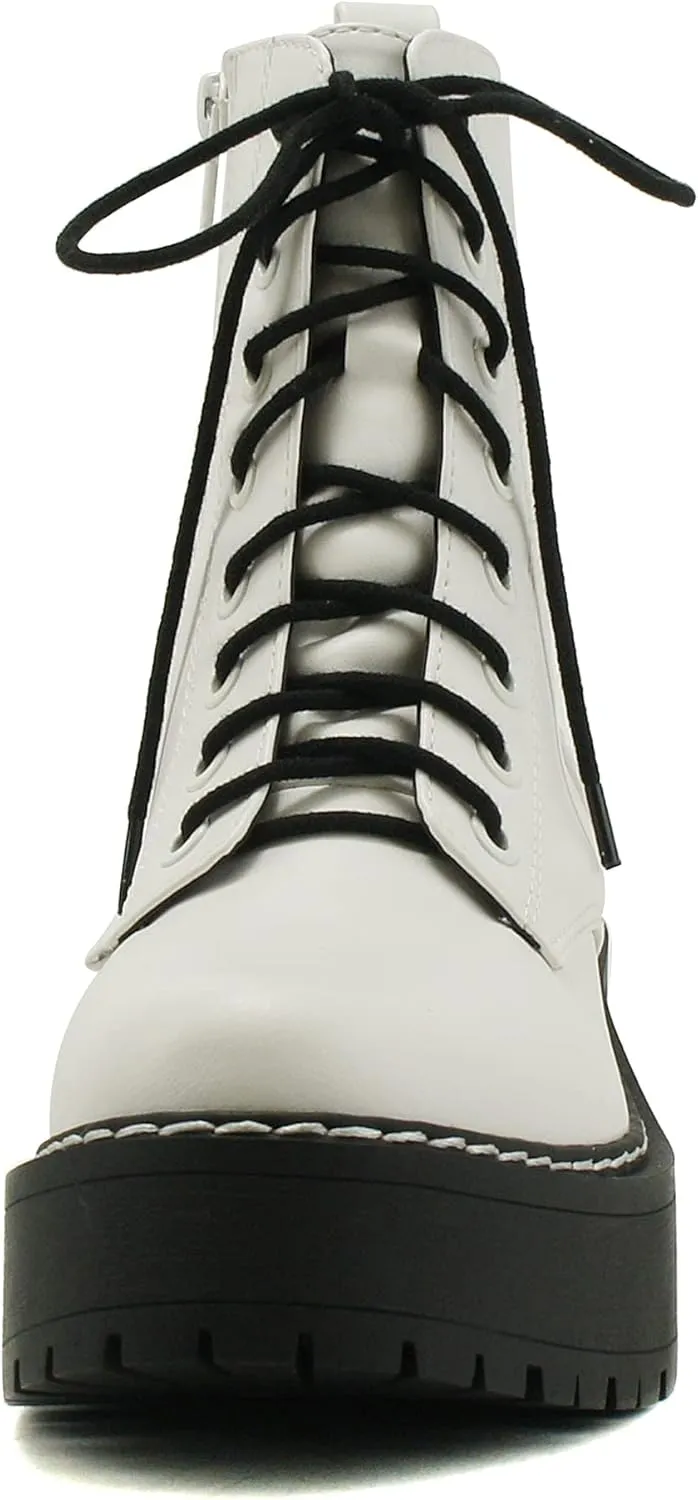 Soda FLING Women Chunky Lug Sole Lace up Fashion Combat Ankle Boot w/Side Zipper