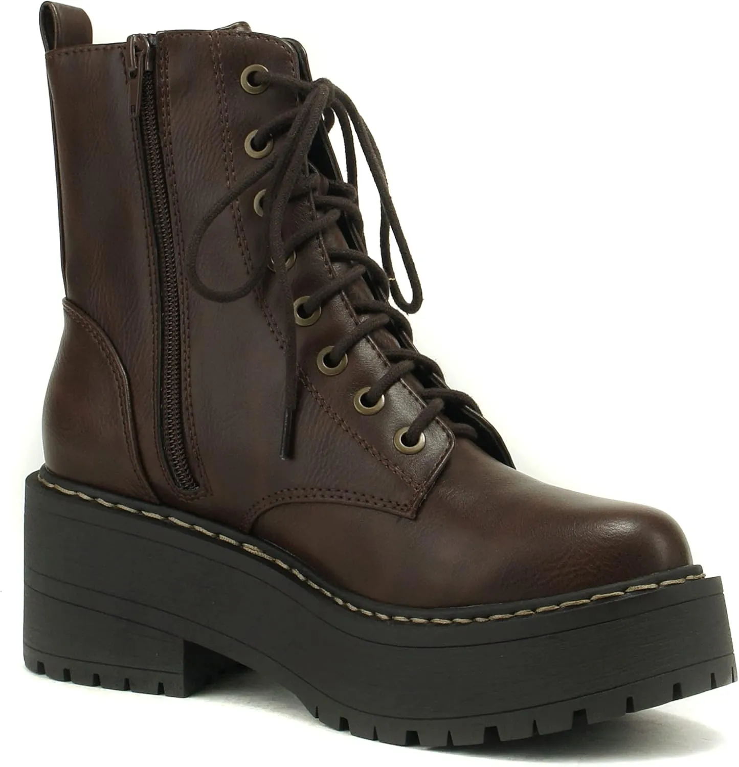 Soda FLING Women Chunky Lug Sole Lace up Fashion Combat Ankle Boot w/Side Zipper