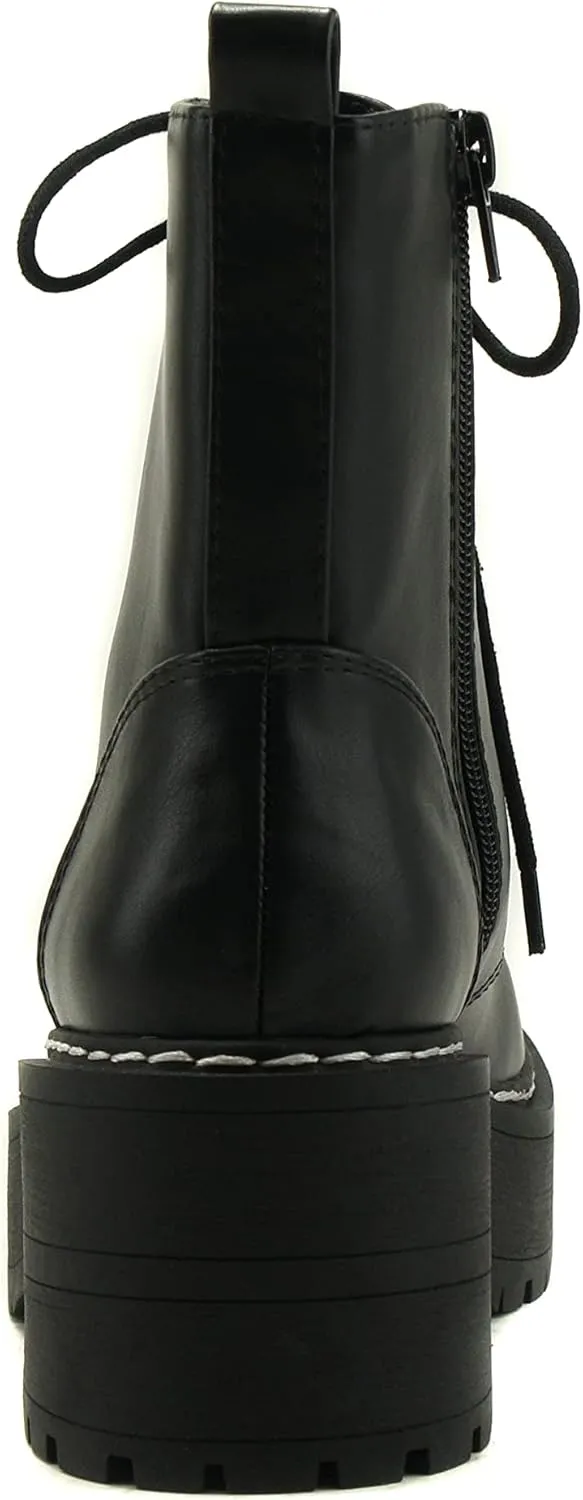 Soda FLING Women Chunky Lug Sole Lace up Fashion Combat Ankle Boot w/Side Zipper