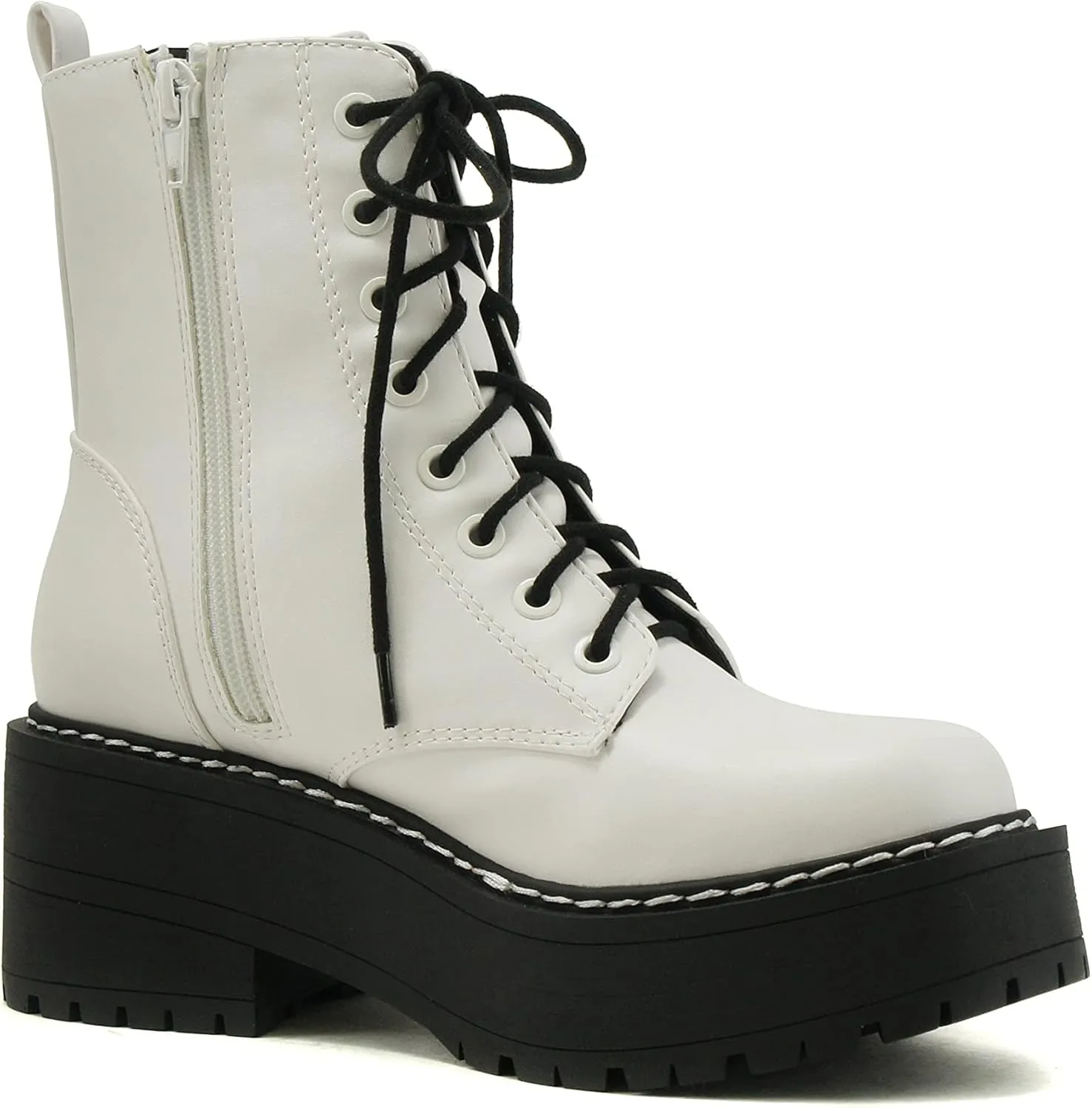 Soda FLING Women Chunky Lug Sole Lace up Fashion Combat Ankle Boot w/Side Zipper
