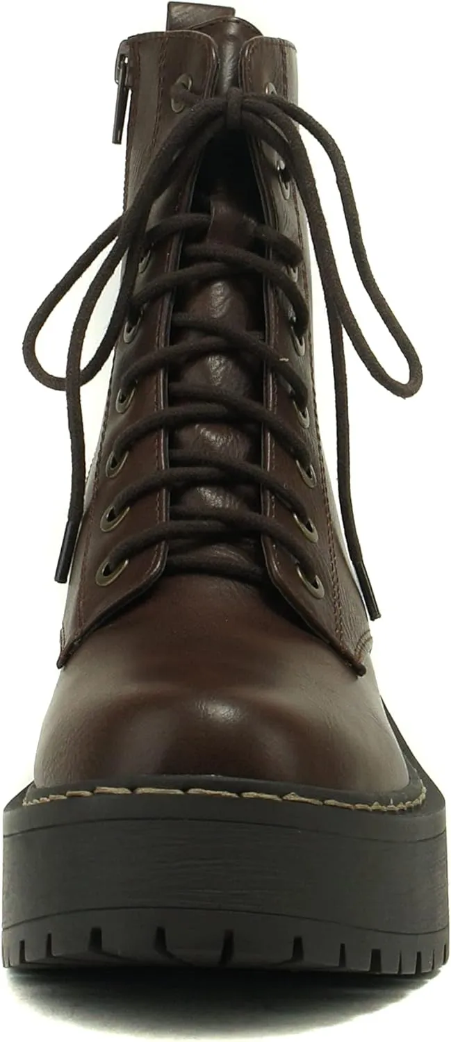 Soda FLING Women Chunky Lug Sole Lace up Fashion Combat Ankle Boot w/Side Zipper