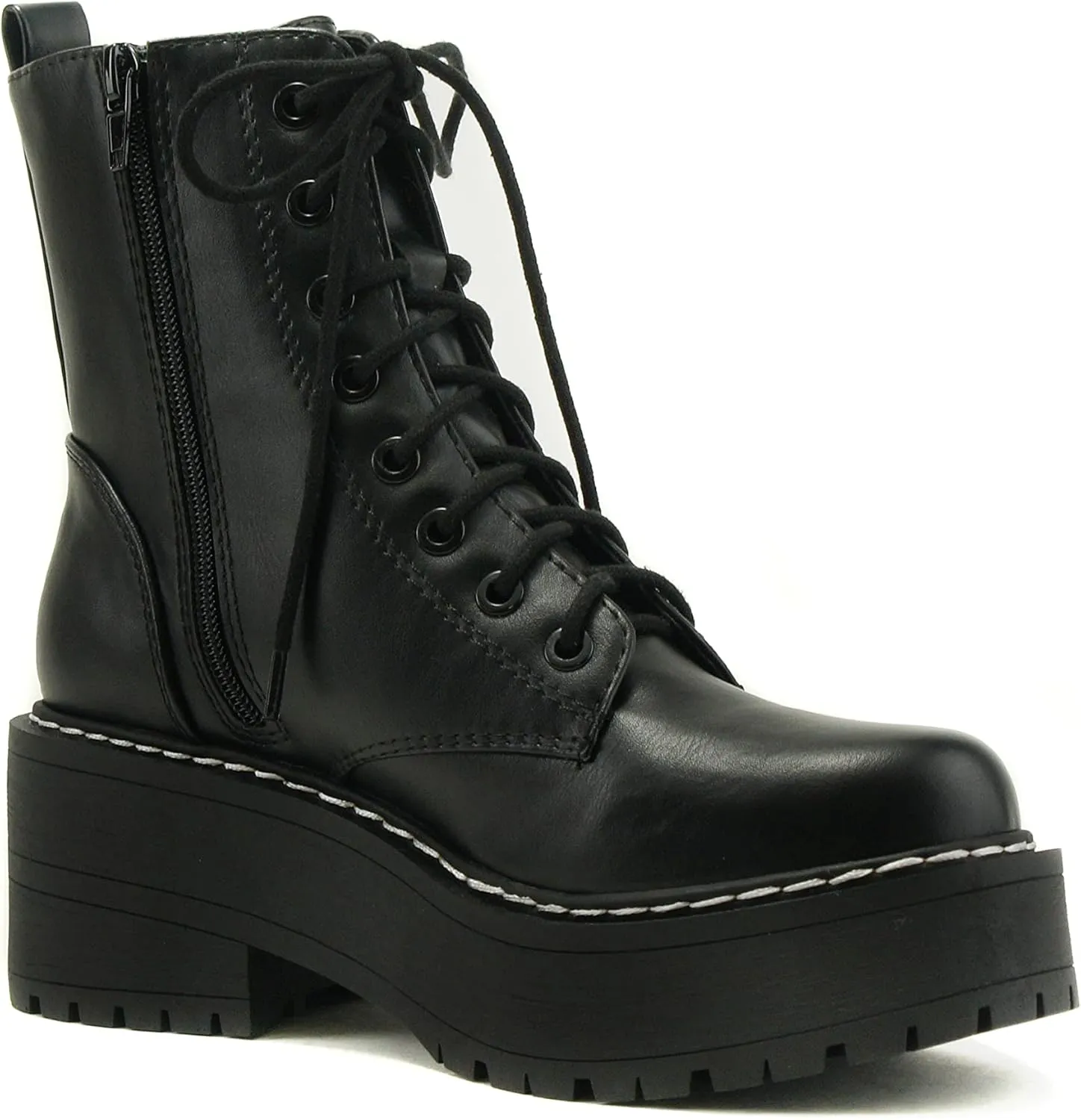 Soda FLING Women Chunky Lug Sole Lace up Fashion Combat Ankle Boot w/Side Zipper