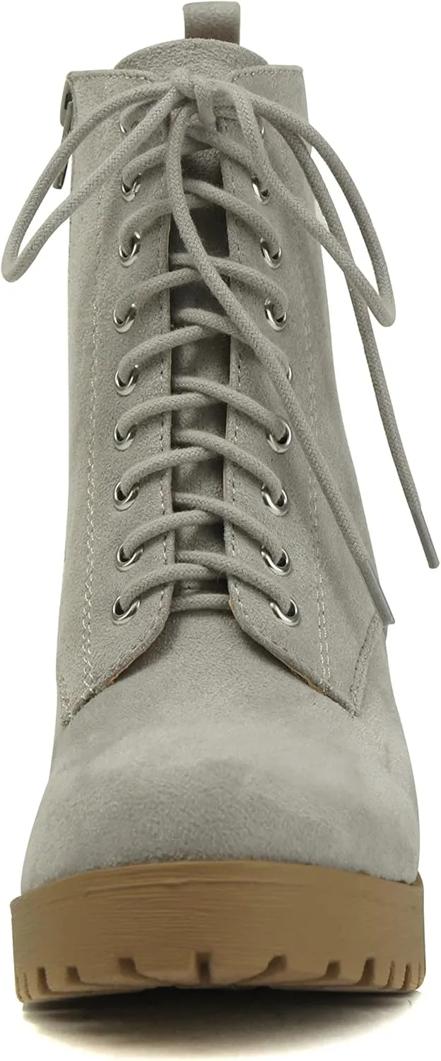Soda FUZZY ~ Women Chunky Lug Sole Lace up Fashion Combat Ankle Boot w/Side Zipper