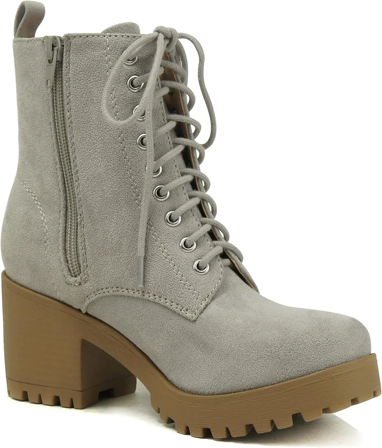 Soda FUZZY ~ Women Chunky Lug Sole Lace up Fashion Combat Ankle Boot w/Side Zipper