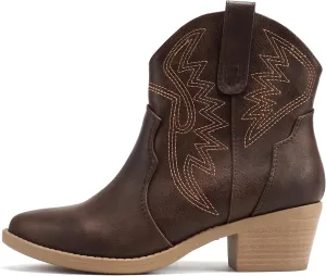 Soda “GESSO” ~ Women Pointed Toe Stitch Slip-On Low Stack Heel Ankle Western Boot