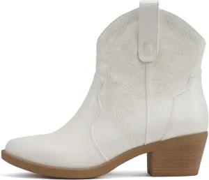 Soda “GESSO” ~ Women Pointed Toe Stitch Slip-On Low Stack Heel Ankle Western Boot