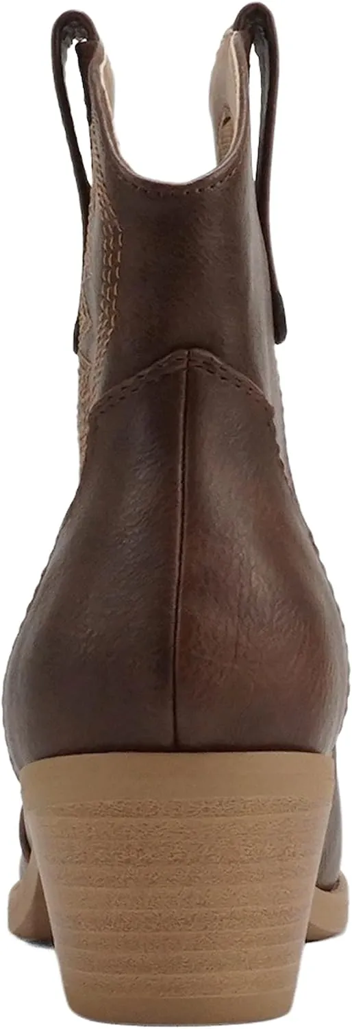Soda “GESSO” ~ Women Pointed Toe Stitch Slip-On Low Stack Heel Ankle Western Boot