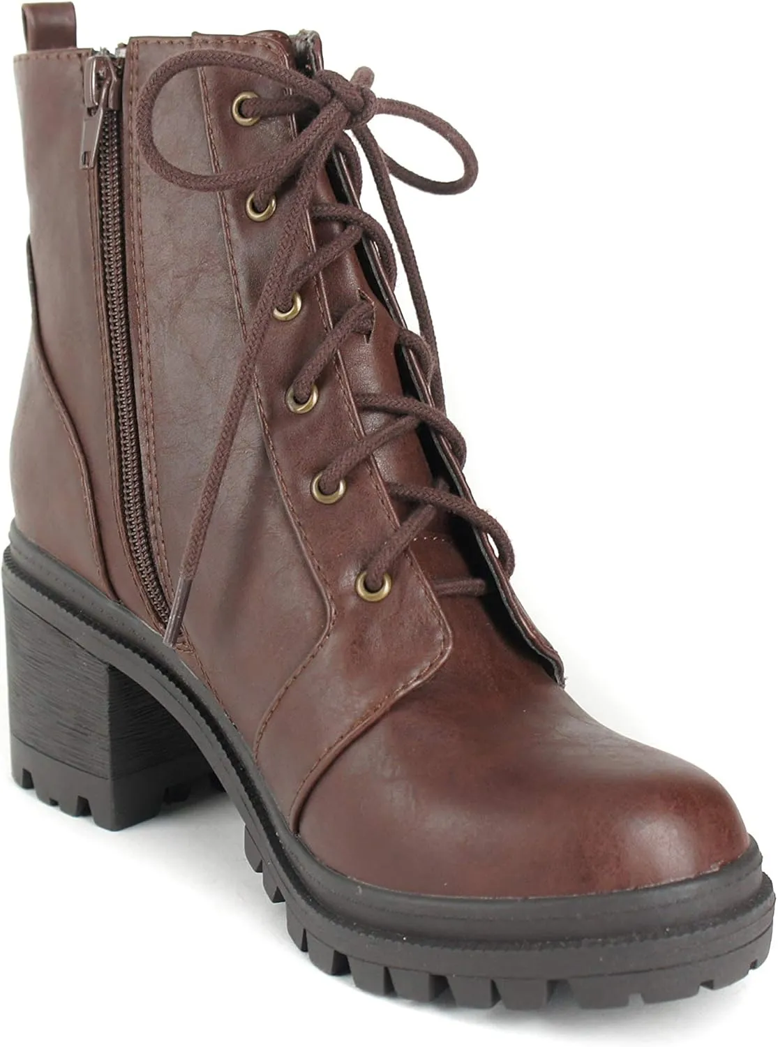 Soda INDIANA - Lug Sole Combat Lace up w/Side Zipper Fashion Ankle Bootie Shoes