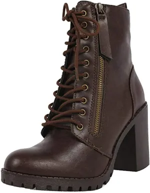 Soda Malia Brown Round Toe Stacked Lug Heel Lace Up Ankle Combat Booties