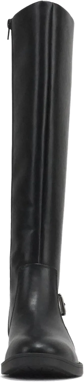 Soda “NECTAR” ~ Women Round Toe Buckle Belted Strap Top Shaft Elastic Gore Low Heel Knee-High Riding Boot with Side Zipper
