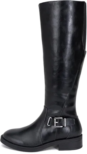 Soda “NECTAR” ~ Women Round Toe Buckle Belted Strap Top Shaft Elastic Gore Low Heel Knee-High Riding Boot with Side Zipper