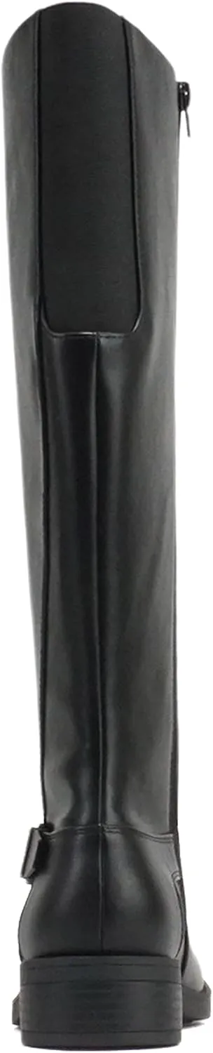 Soda “NECTAR” ~ Women Round Toe Buckle Belted Strap Top Shaft Elastic Gore Low Heel Knee-High Riding Boot with Side Zipper