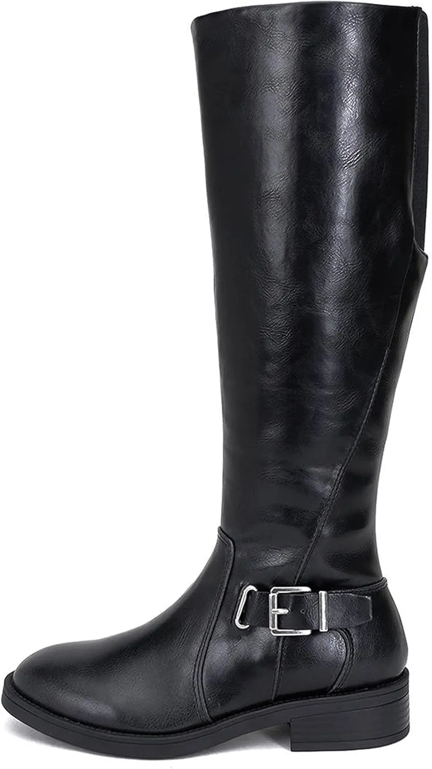 Soda “NECTAR” ~ Women Round Toe Buckle Belted Strap Top Shaft Elastic Gore Low Heel Knee-High Riding Boot with Side Zipper