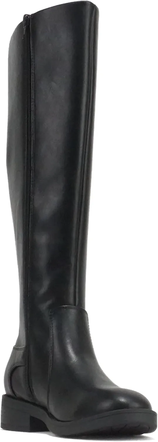 Soda “NECTAR” ~ Women Round Toe Buckle Belted Strap Top Shaft Elastic Gore Low Heel Knee-High Riding Boot with Side Zipper
