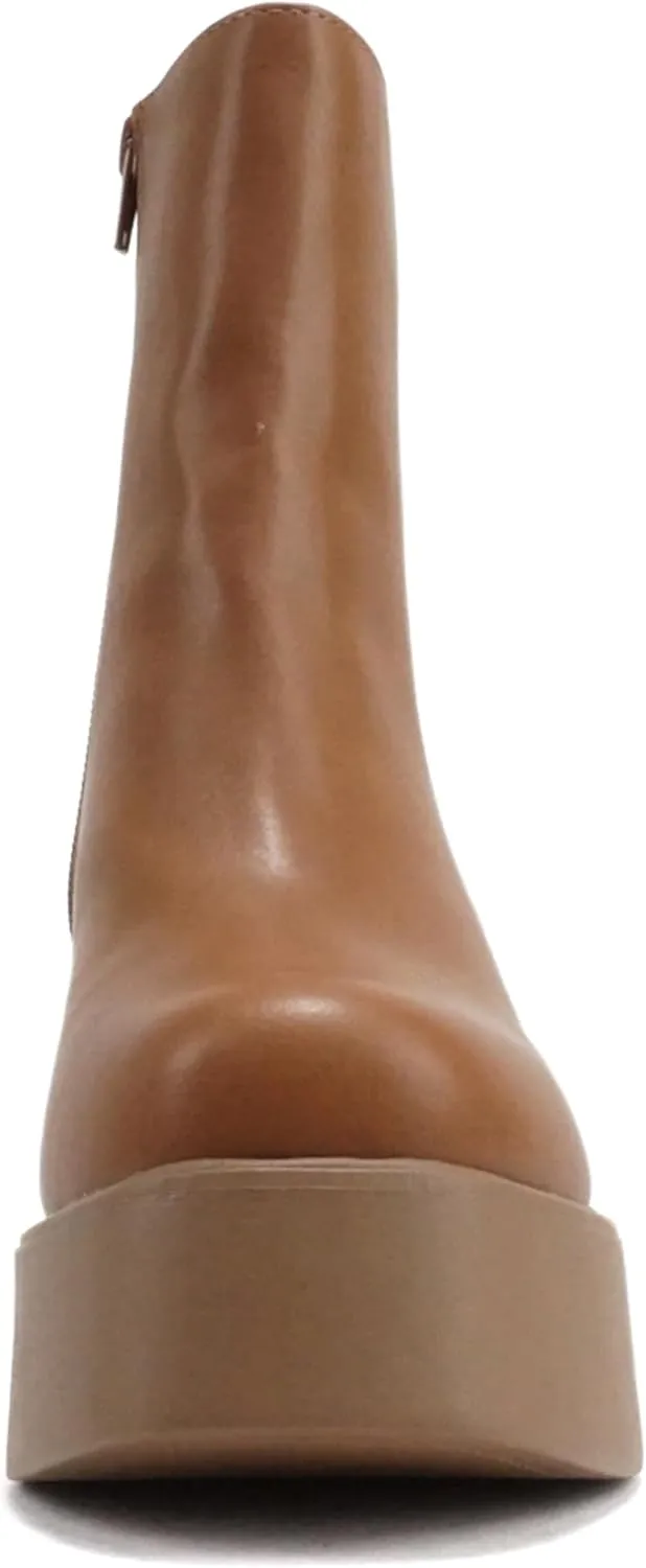 Soda “OARSMAN” ~ Women Square Toe Platform Medium Chunky Heel Ankle Boot with Side Zipper