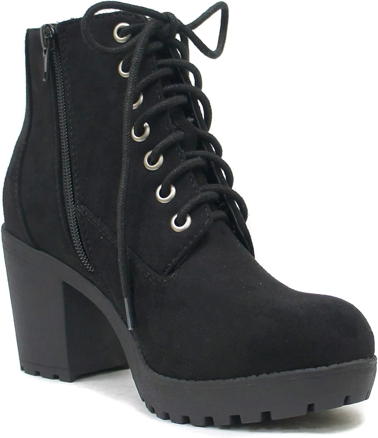 Soda Second Lug Sole Chunky Heel Combat Ankle Bootie Lace up w/Side Zipper