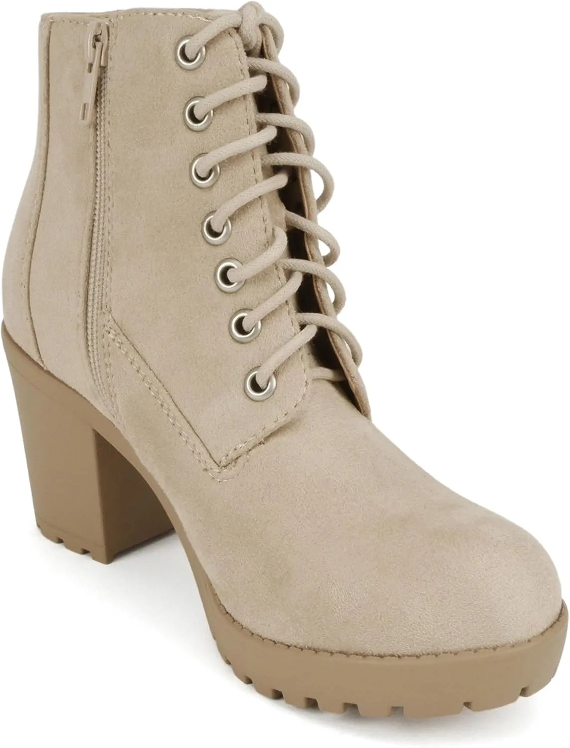 Soda Second Lug Sole Chunky Heel Combat Ankle Bootie Lace up w/Side Zipper
